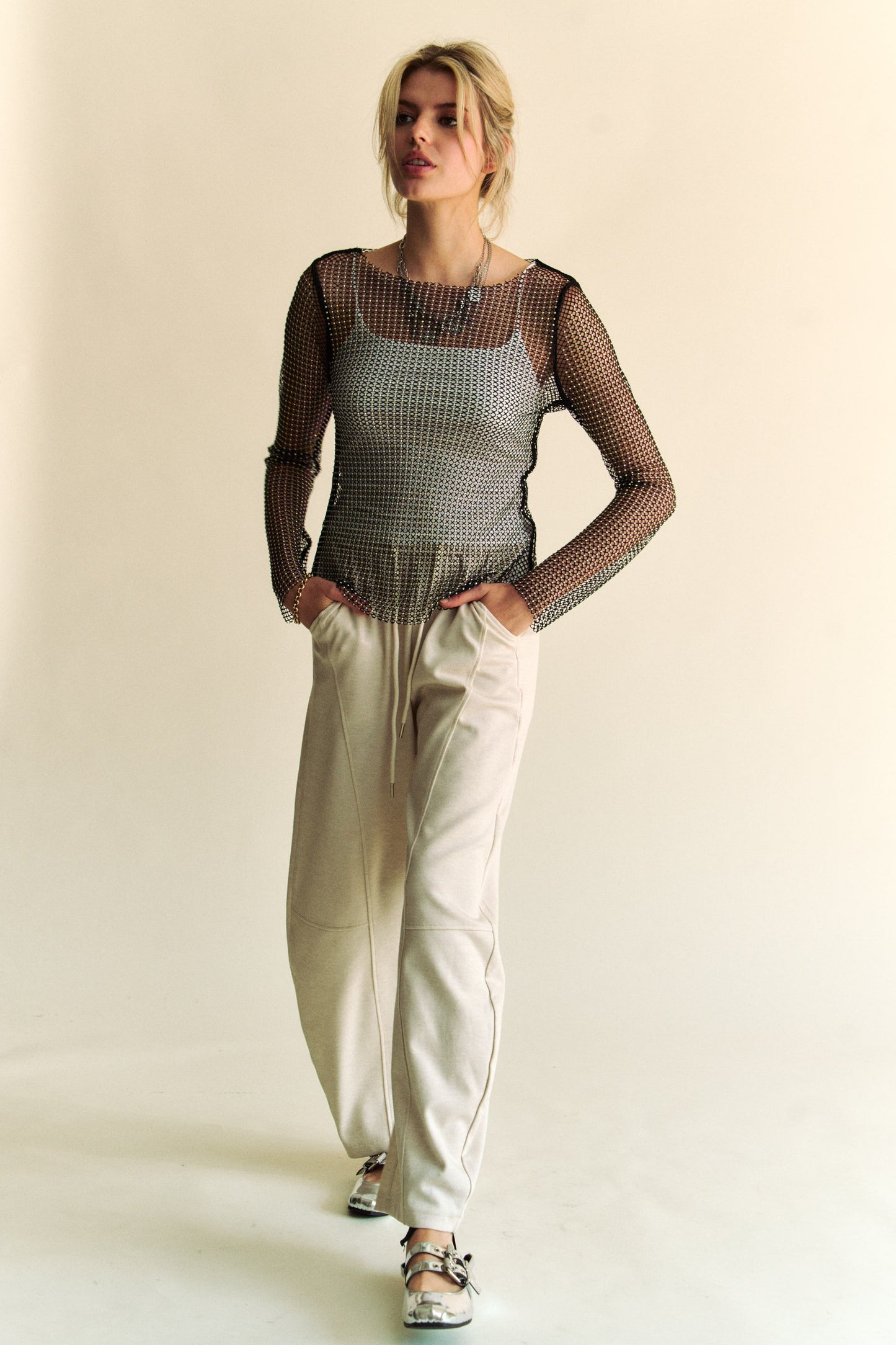 Davi & Dani Sparkling Rhinestone Sheer Mesh Round Neck Top - Classique Collection