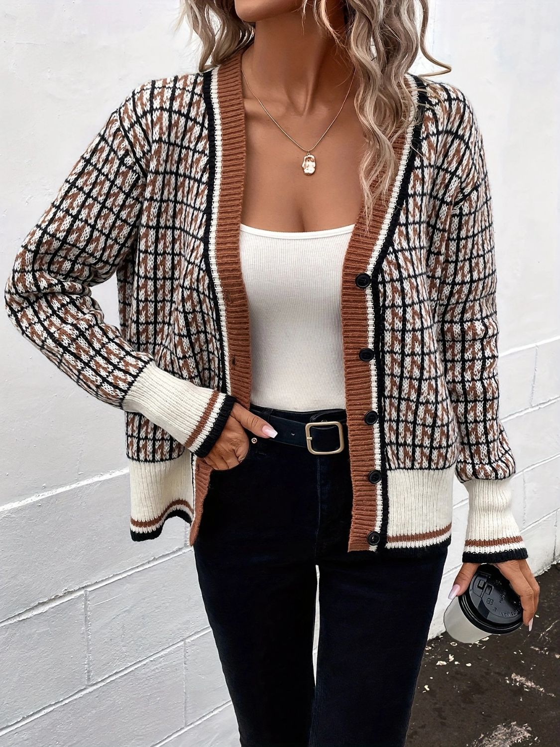 Plaid V-Neck Button Up Cardigan - Classique Collection
