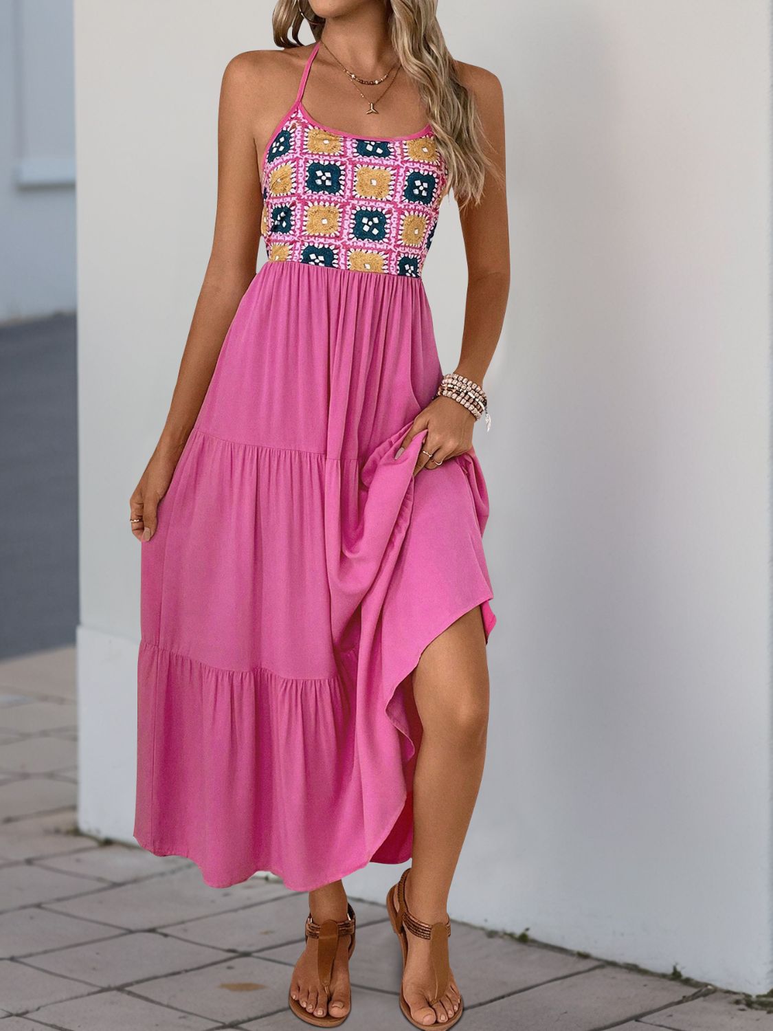 Perfee Printed Halter Neck Tiered Midi Dress - Classique Collection