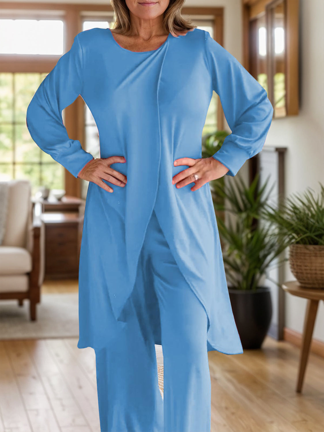 Full Size Slit Round Neck Long Sleeve Top and Pants Set - ClassiQ