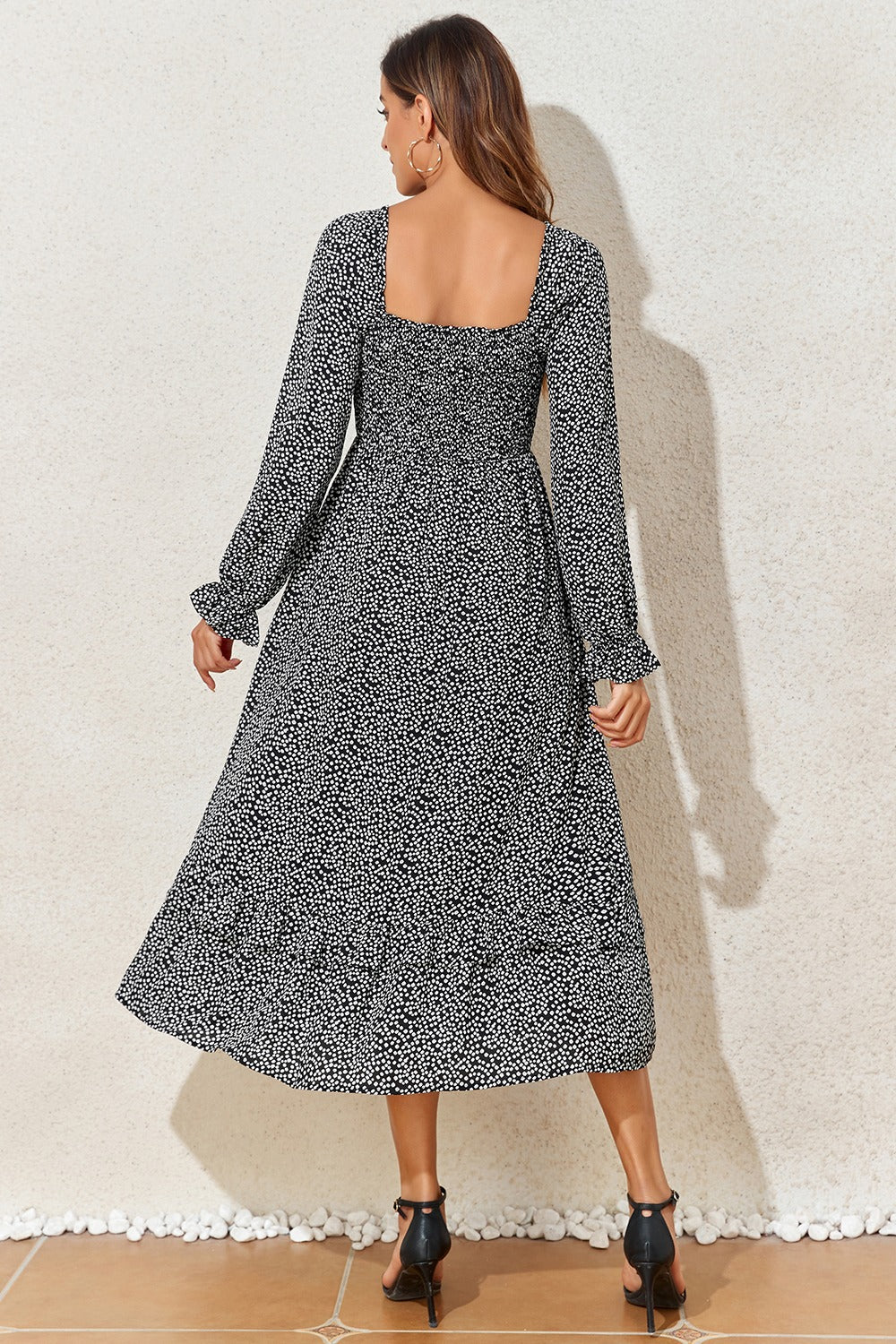 Printed Square Neck Long Sleeve Midi Dress - Classique Collection
