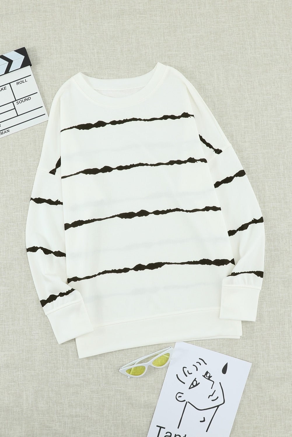 Slit Contrast Striped Round Neck Long Sleeve T-Shirt - Classique Collection
