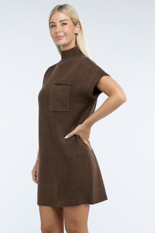 Mock Neck Short Sleeve Sweater Dress with Pocket - Classique Collection