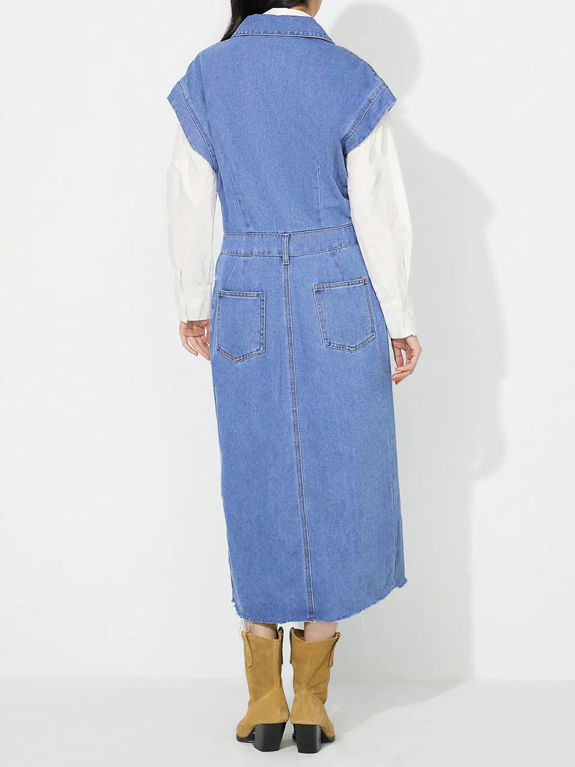 Slit Half Button Collared Neck Cap Sleeve Denim Dress - Classique Collection