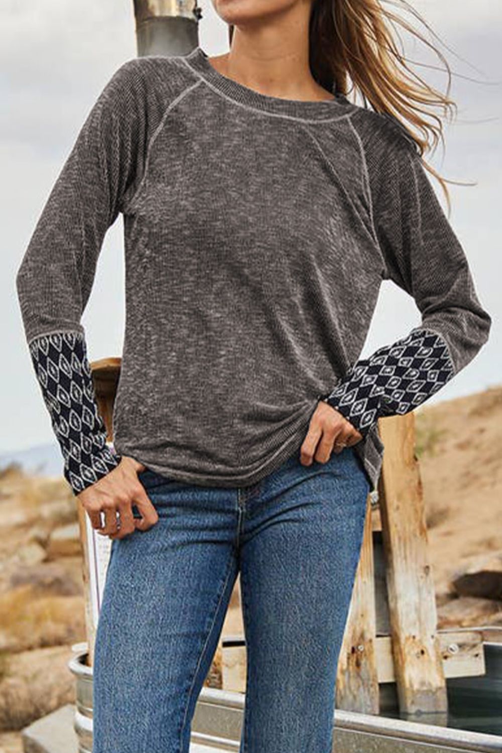 Geometric Round Neck Long Sleeve Top - Classique Collection