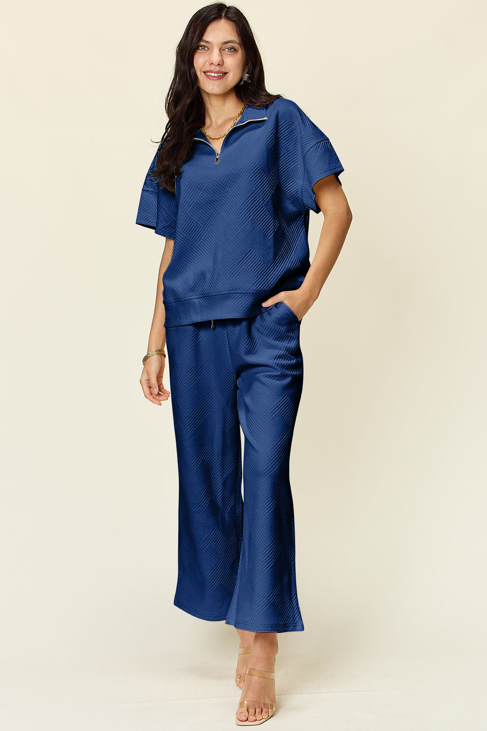 Double Take Full Size Texture Half Zip Short Sleeve Top and Pants Set - ClassiQ