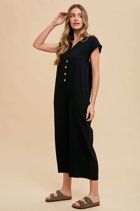 Annie Wear Button Detail Wide Leg Jumpsuit with Pockets - ClassiQ