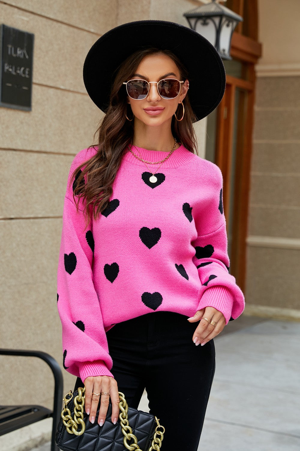 Woven Right Heart Pattern Lantern Sleeve Round Neck Tunic Sweater - ClassiQ