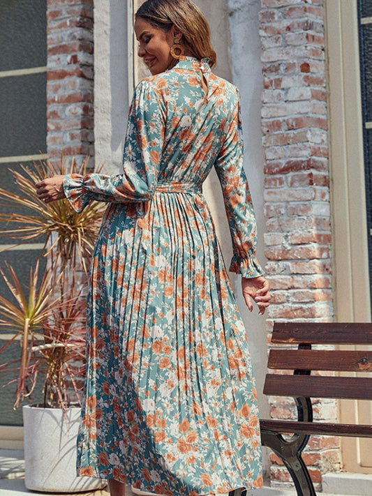 Perfee Tied Pleated Printed Mock Neck Long Sleeve Dress - Classique Collection