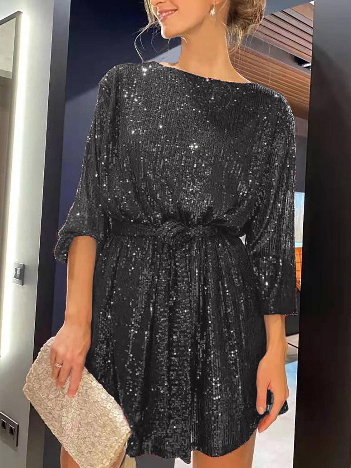 Sequin Tie Waist Long Sleeve Mini Dress - Classique Collection