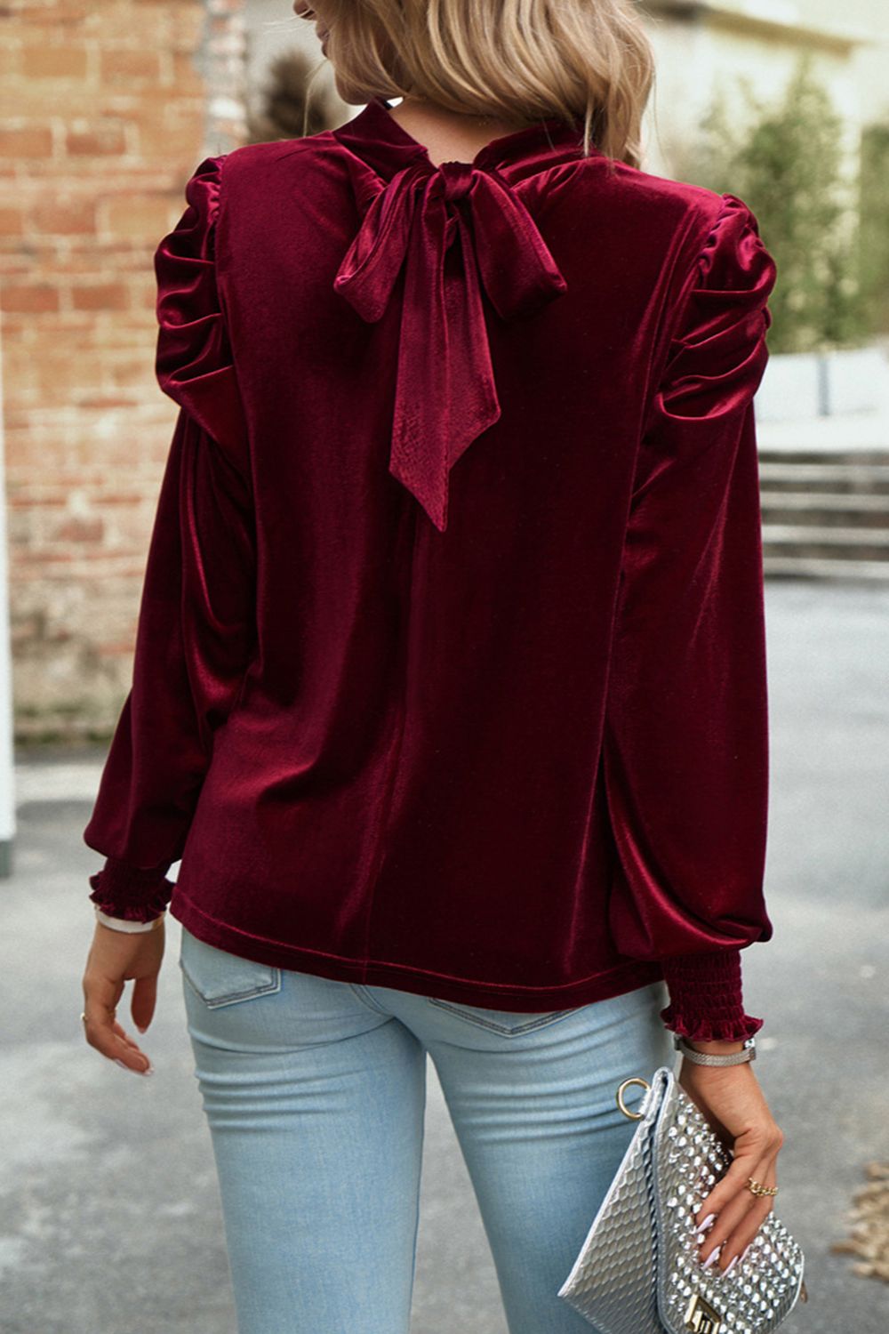 Tie Up Mock Neck Velvet Fabric Long Sleeve Blouse - Classique Collection