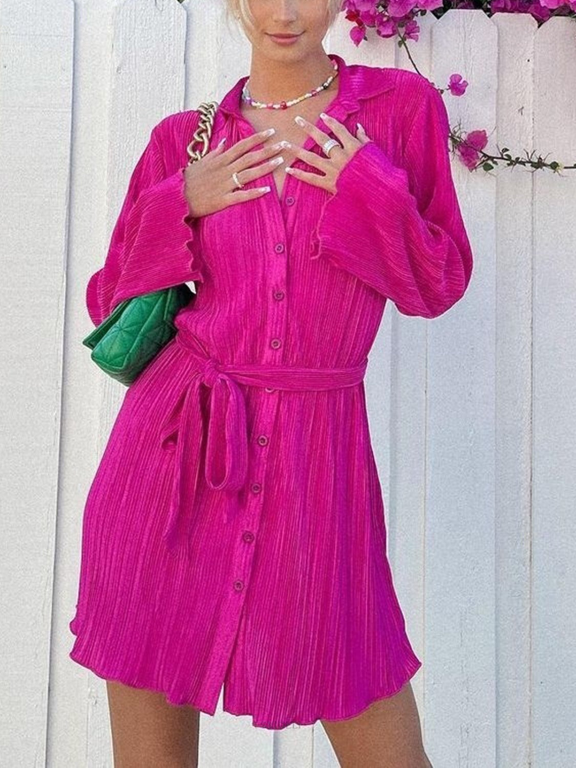 Tied Button Up Long Sleeve Dress - Classique Collection