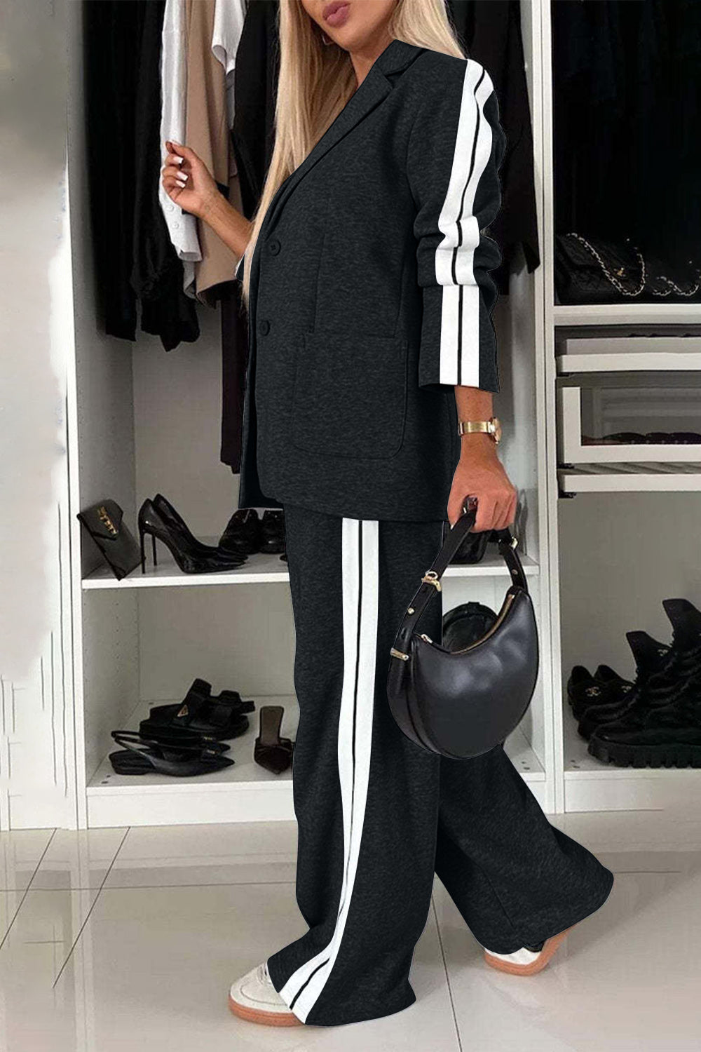 Full Size Contrast Lapel Collar Top and Pants Set - ClassiQ