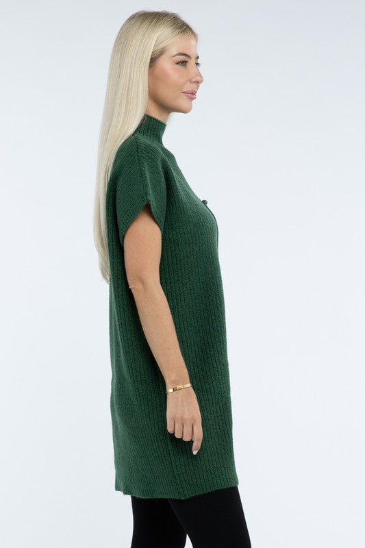 Mock Neck Short Sleeve Sweater Dress with Pocket - Classique Collection