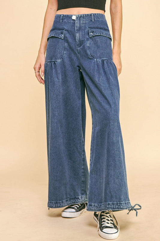 Davi & Dani Drawstring Hem Wide Leg Mid Rise Jeans - Classique Collection