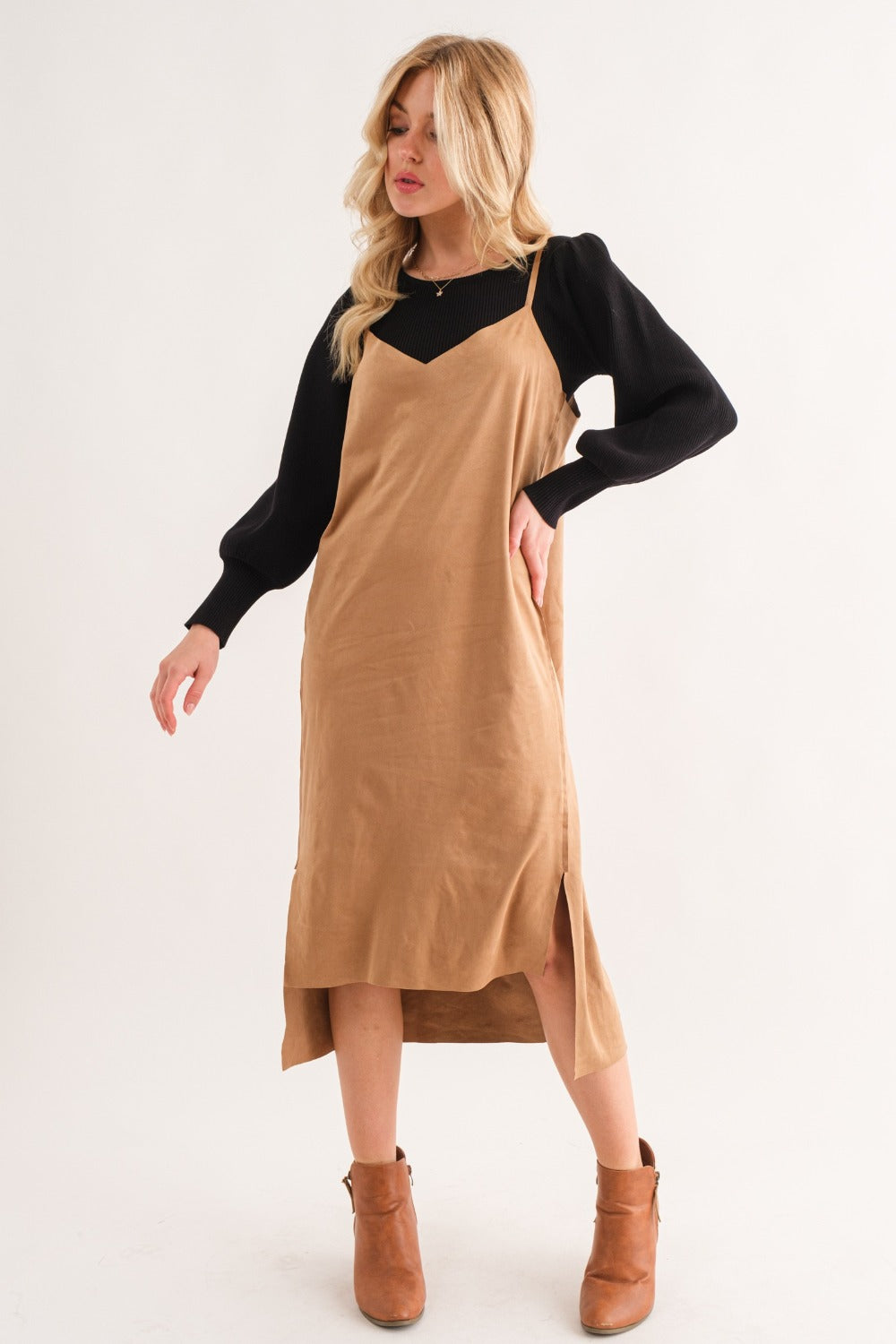 And The Why Faux Suede Cut Edge Slit Cami Midi Dress - Classique Collection