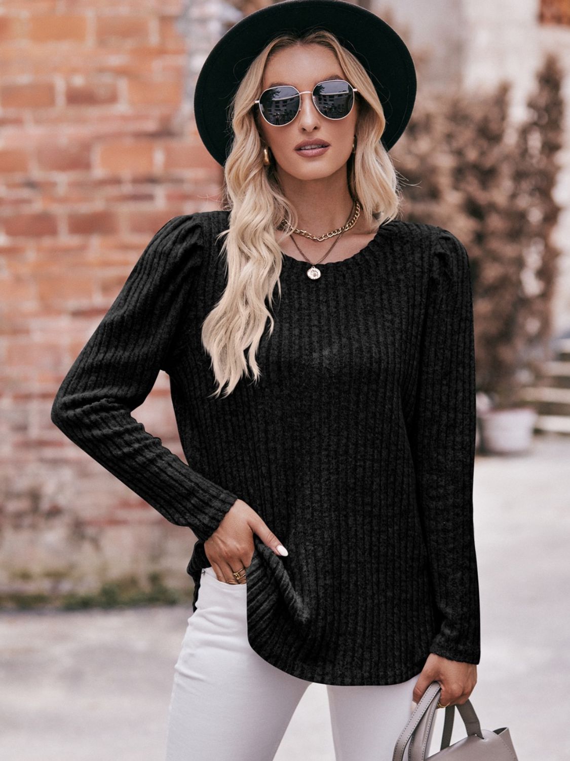 Mandy Round Neck Puff Sleeve Ribbed Top - Classique Collection