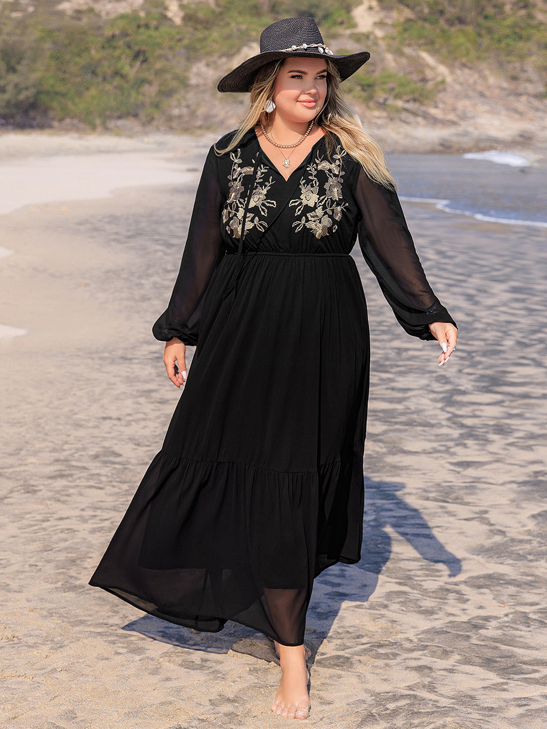 Plus Size Embroidered Tie Neck Long Sleeve Dress - Classique Collection