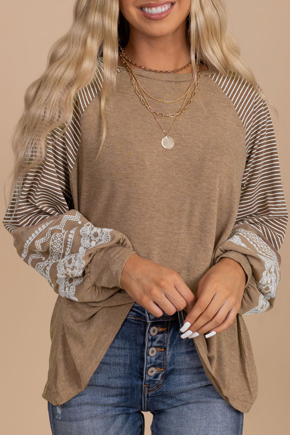Striped Round Neck Long Sleeve Blouse - Classique Collection