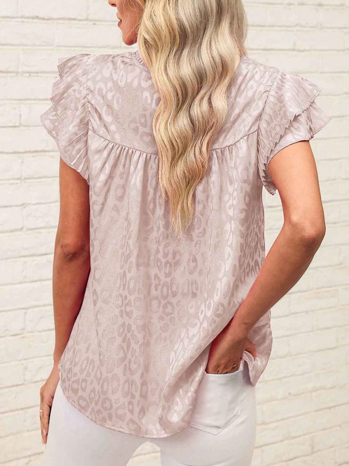 Leopard Frill Mock Neck Ruffled Cap Sleeve Top - Classique Collection