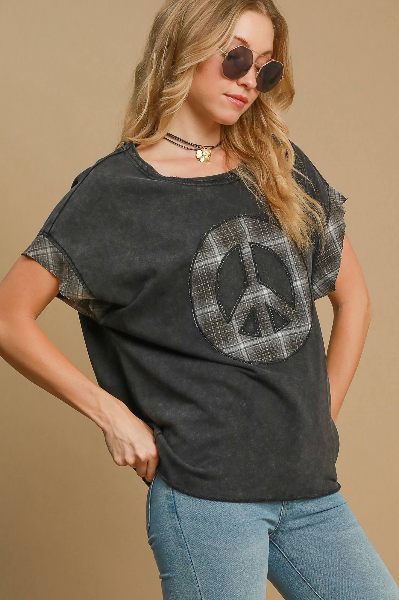 Umgee Peace Applique Round Neck French Terry Top - Classique Collection