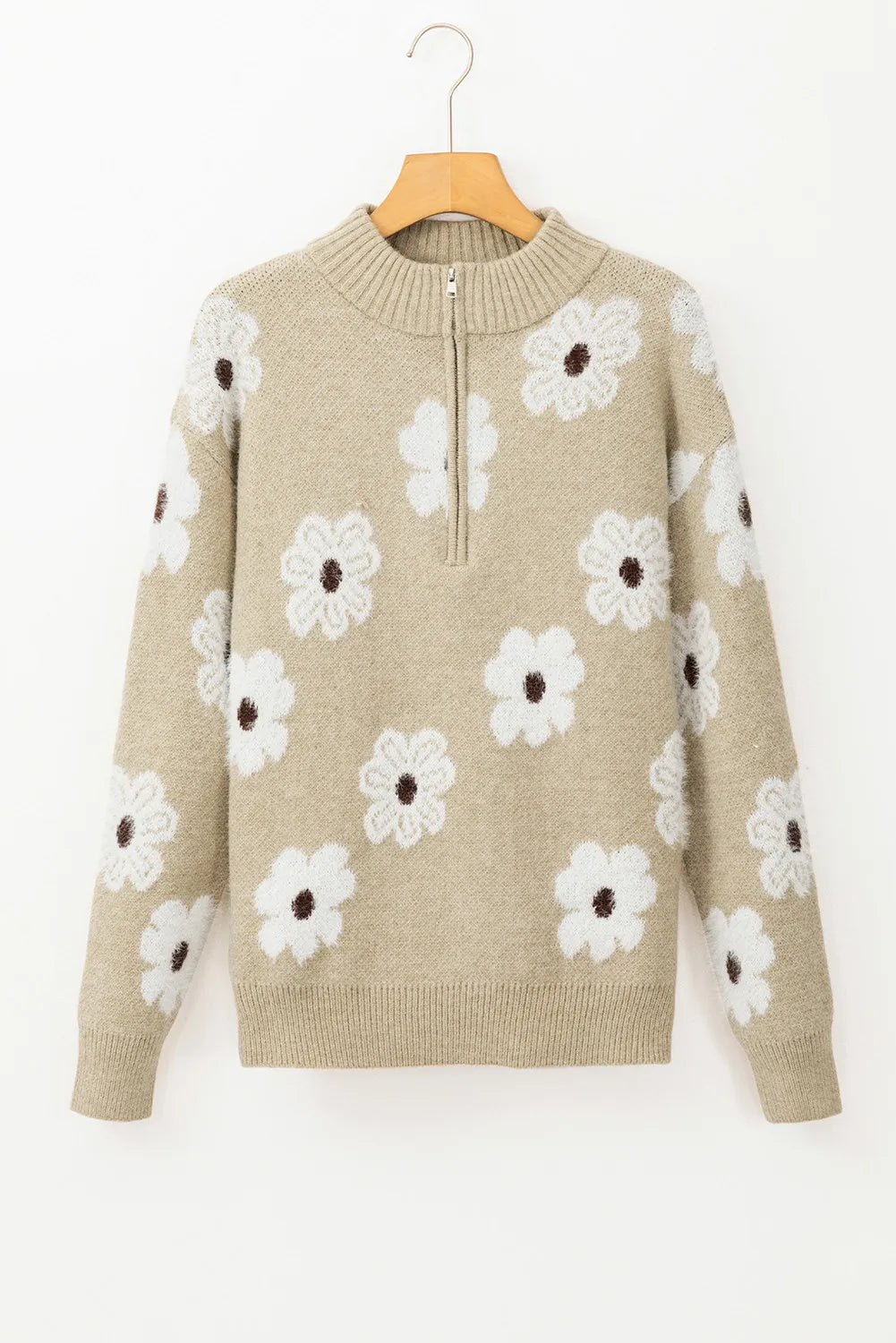 Flower Half Zip Long Sleeve Sweater - ClassiQ