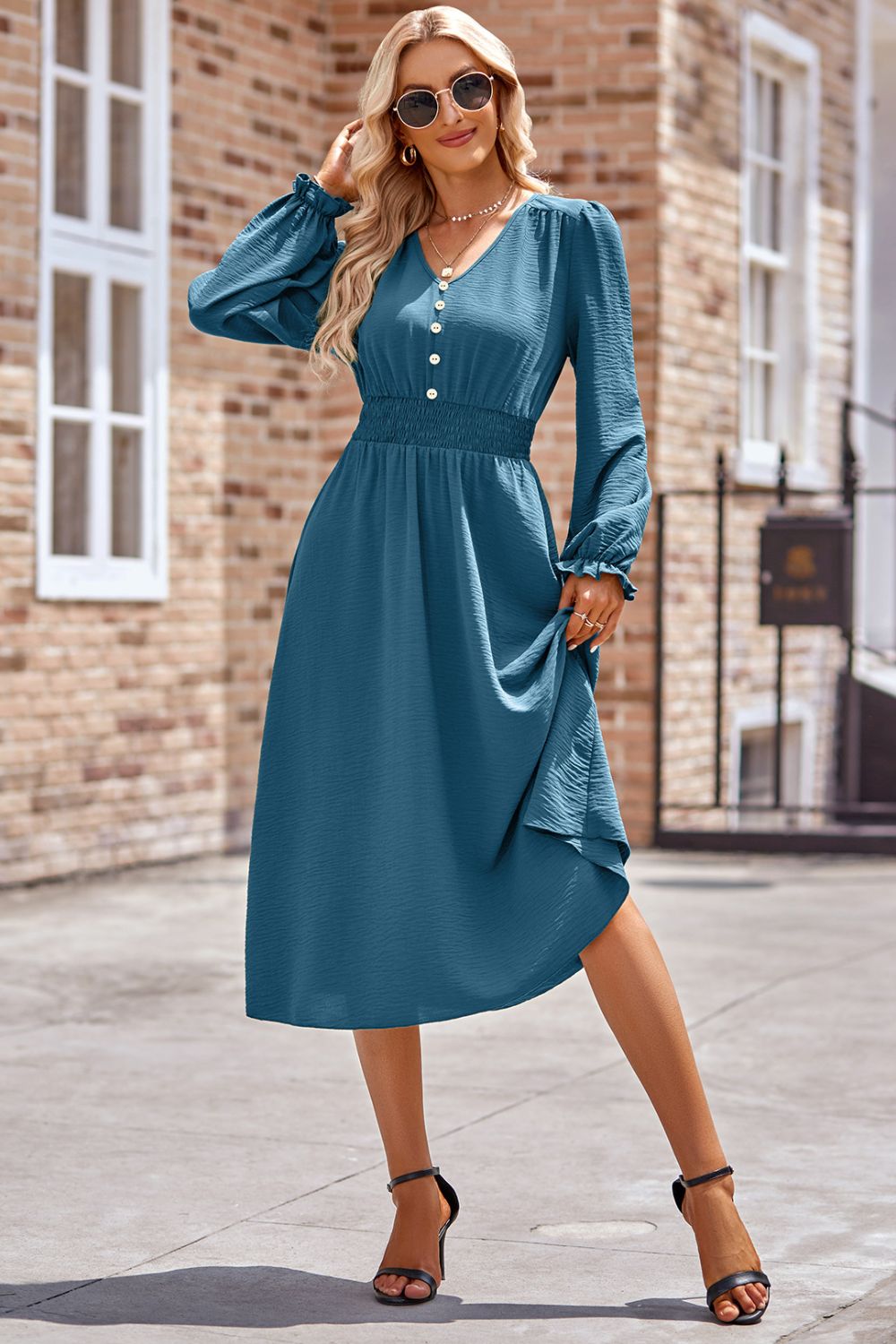 Smocked V-Neck Flounce Sleeve Midi Dress - Classique Collection