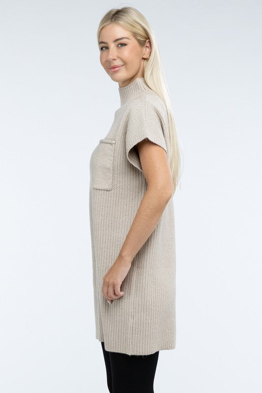 Mock Neck Short Sleeve Sweater Dress with Pocket - Classique Collection