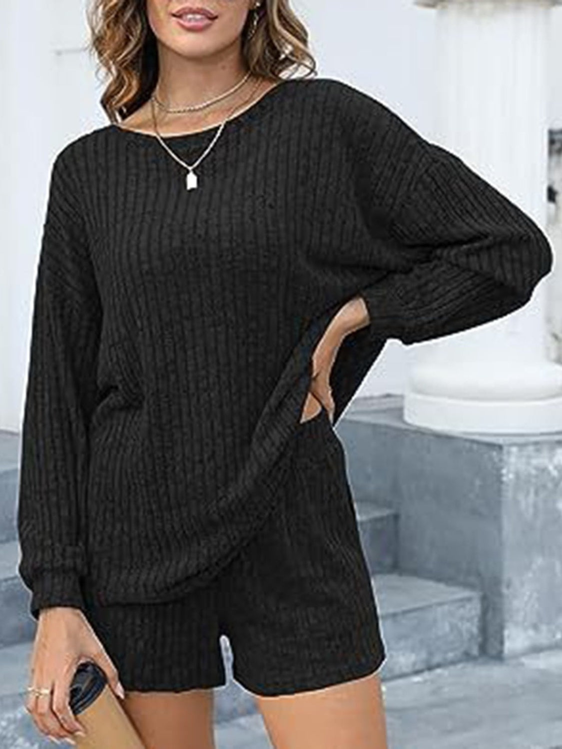 Round Neck Dropped Shoulder Top and Shorts Set - ClassiQ