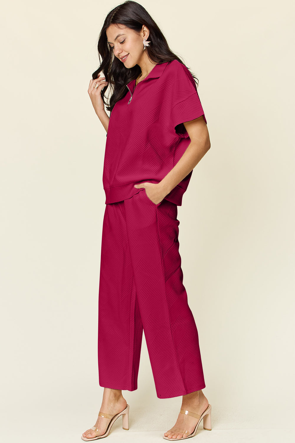 Double Take Full Size Texture Half Zip Short Sleeve Top and Pants Set - ClassiQ