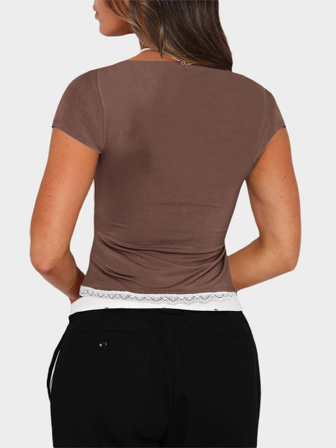 Lace Detail Sweetheart Neck Short Sleeve T-Shirt - Classique Collection