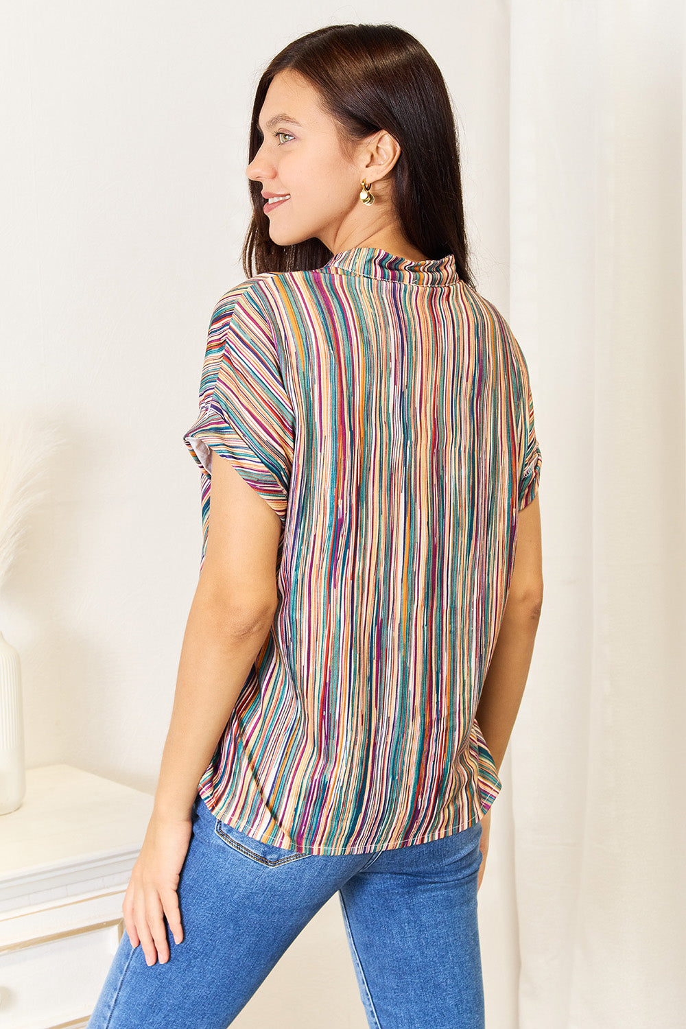 Shiny Multicolored Stripe Notched Neck Top - ClassiQ