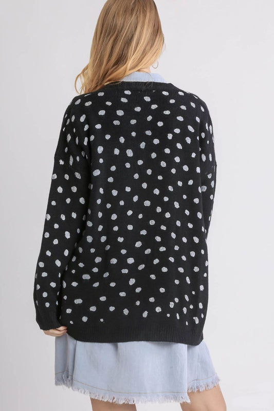 Umgee Polka Dot Open Front Drop Shoulder Cardigan - ClassiQ
