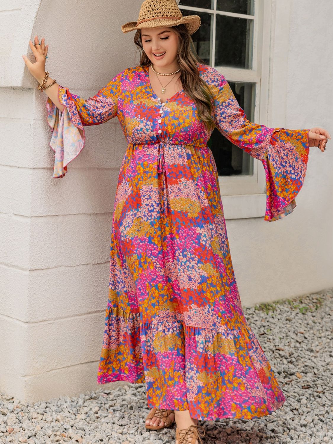 Plus Size Printed V-Neck Long Sleeve Maxi Dress - Classique Collection