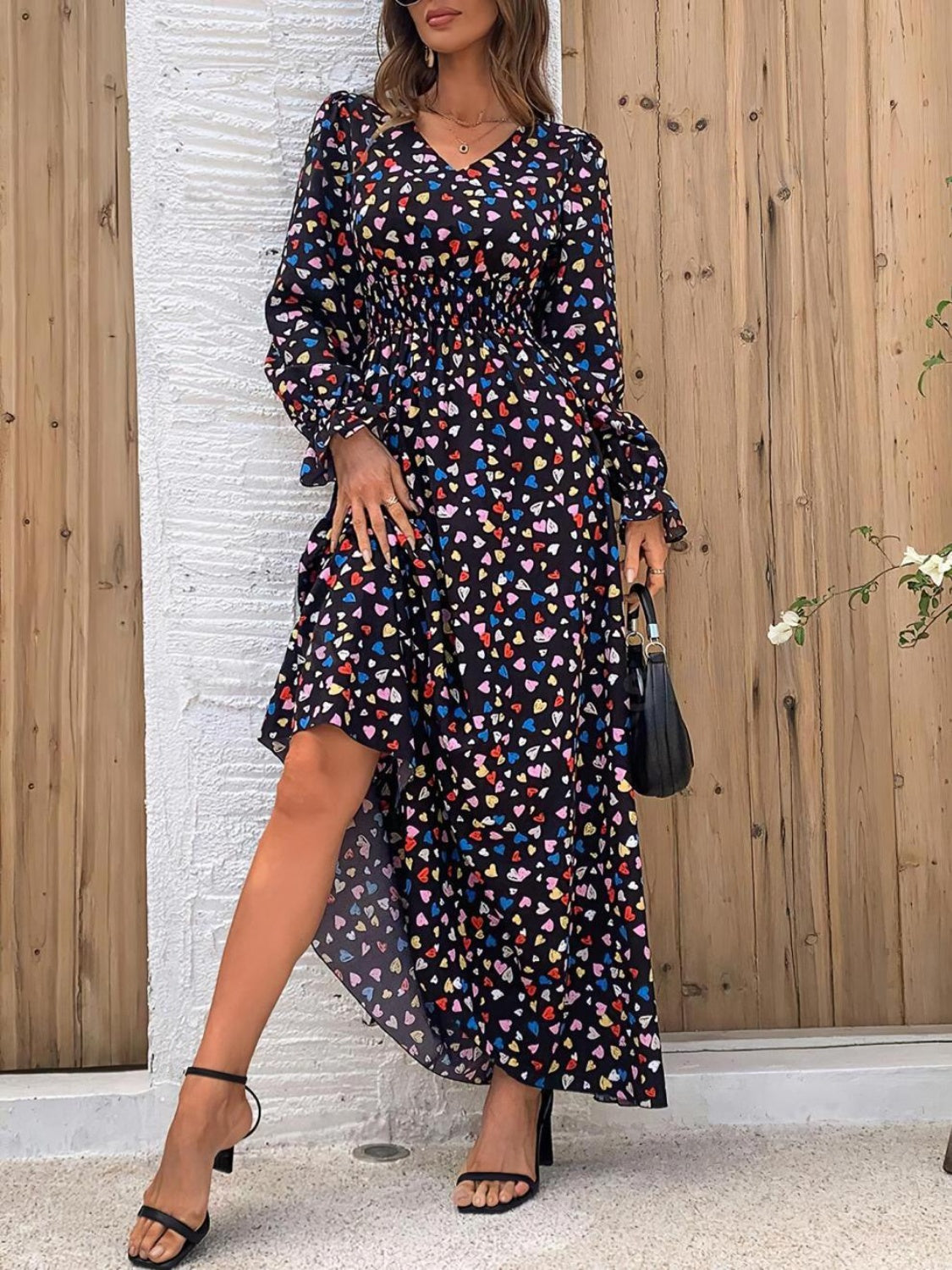 Smocked Printed V-Neck Flounce Sleeve Dress - Classique Collection