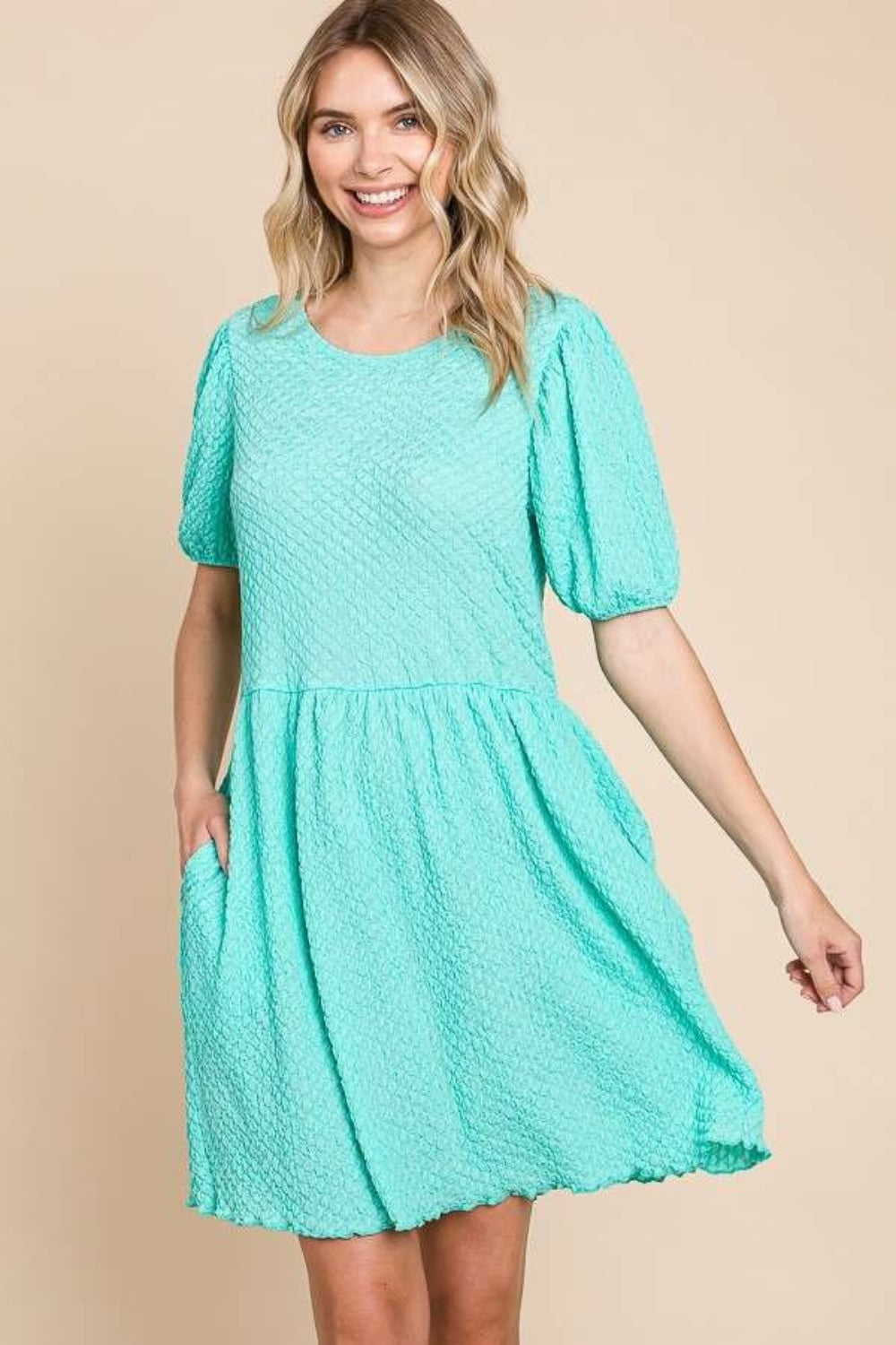 Culture Code Full Size Textured Round Neck Puff Sleeve Dress - Classique Collection