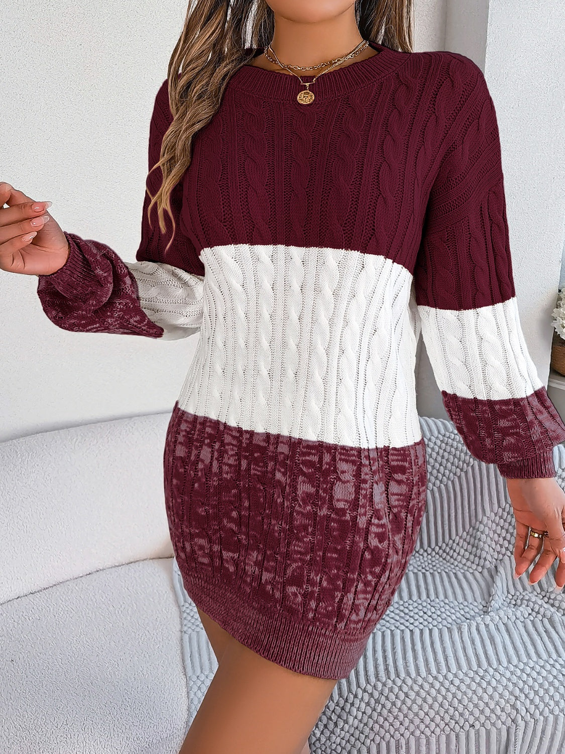 Cable-Knit Round Neck Color Block Sweater Dress - Classique Collection
