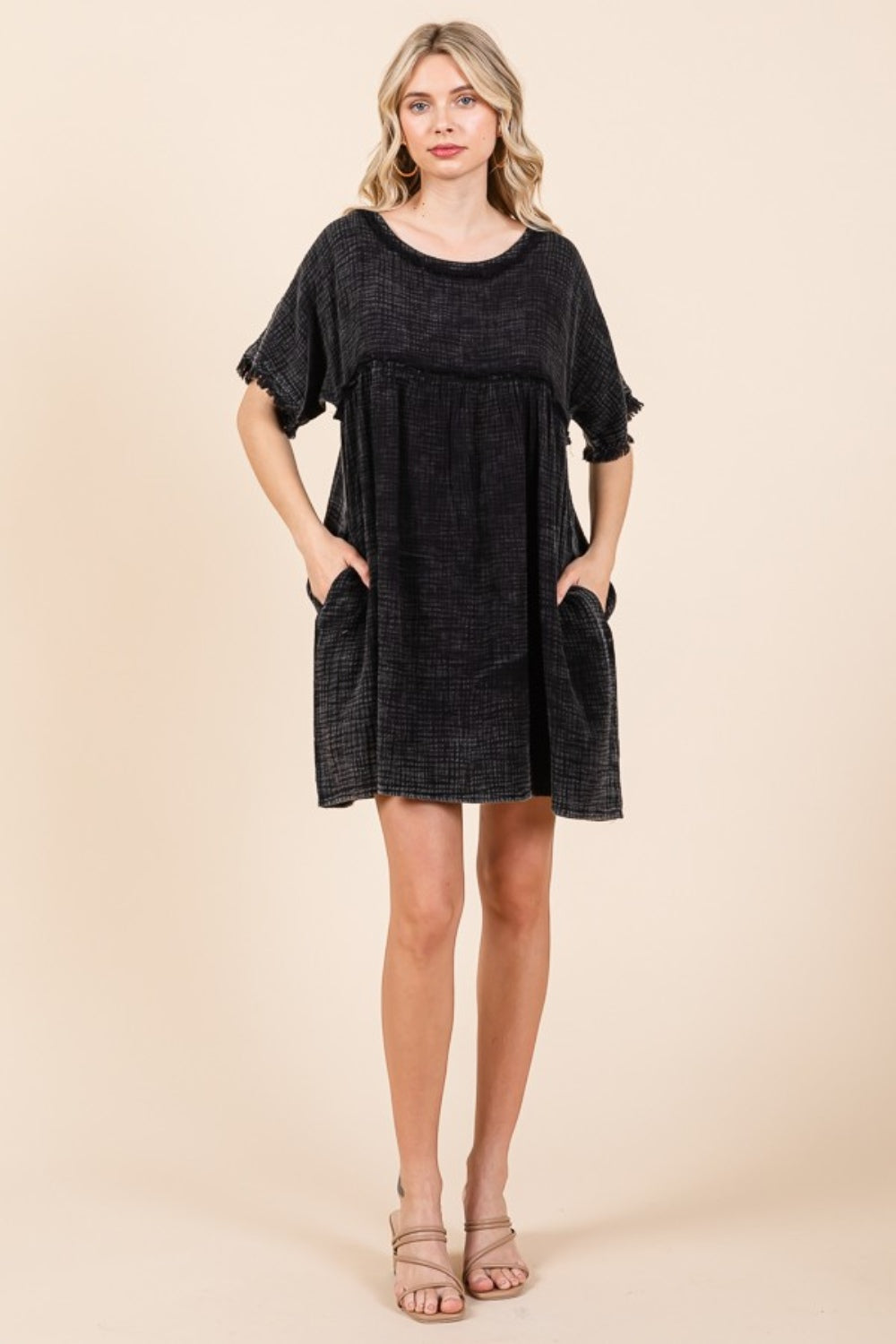 Culture Code Full Size Short Sleeve Babydoll Texture Dress with Pockets - Classique Collection