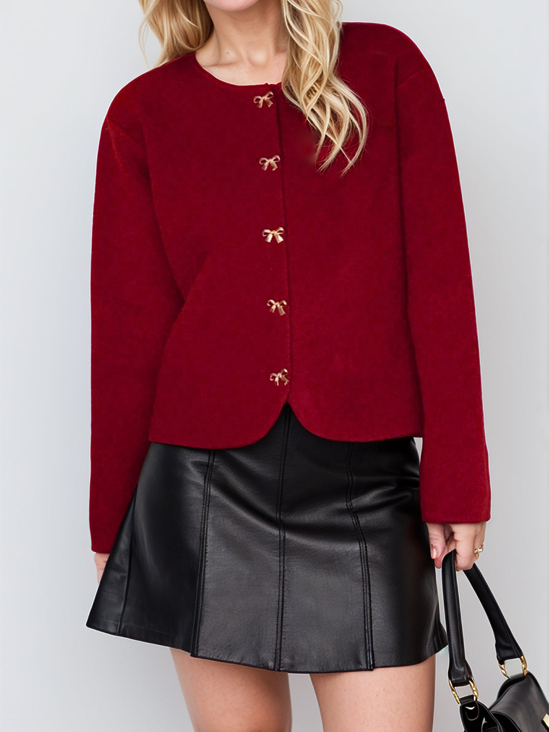 Bow Button Down Round Neck Long Sleeve Cardigan - Classique Collection