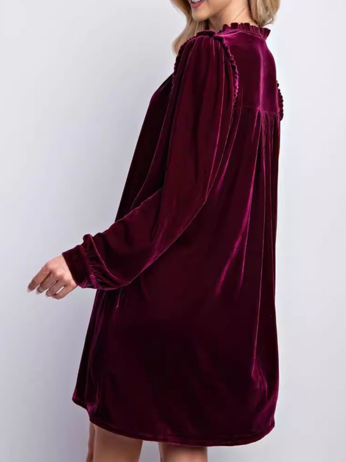 Frill Notched Long Sleeve Dress with Pockets - Classique Collection