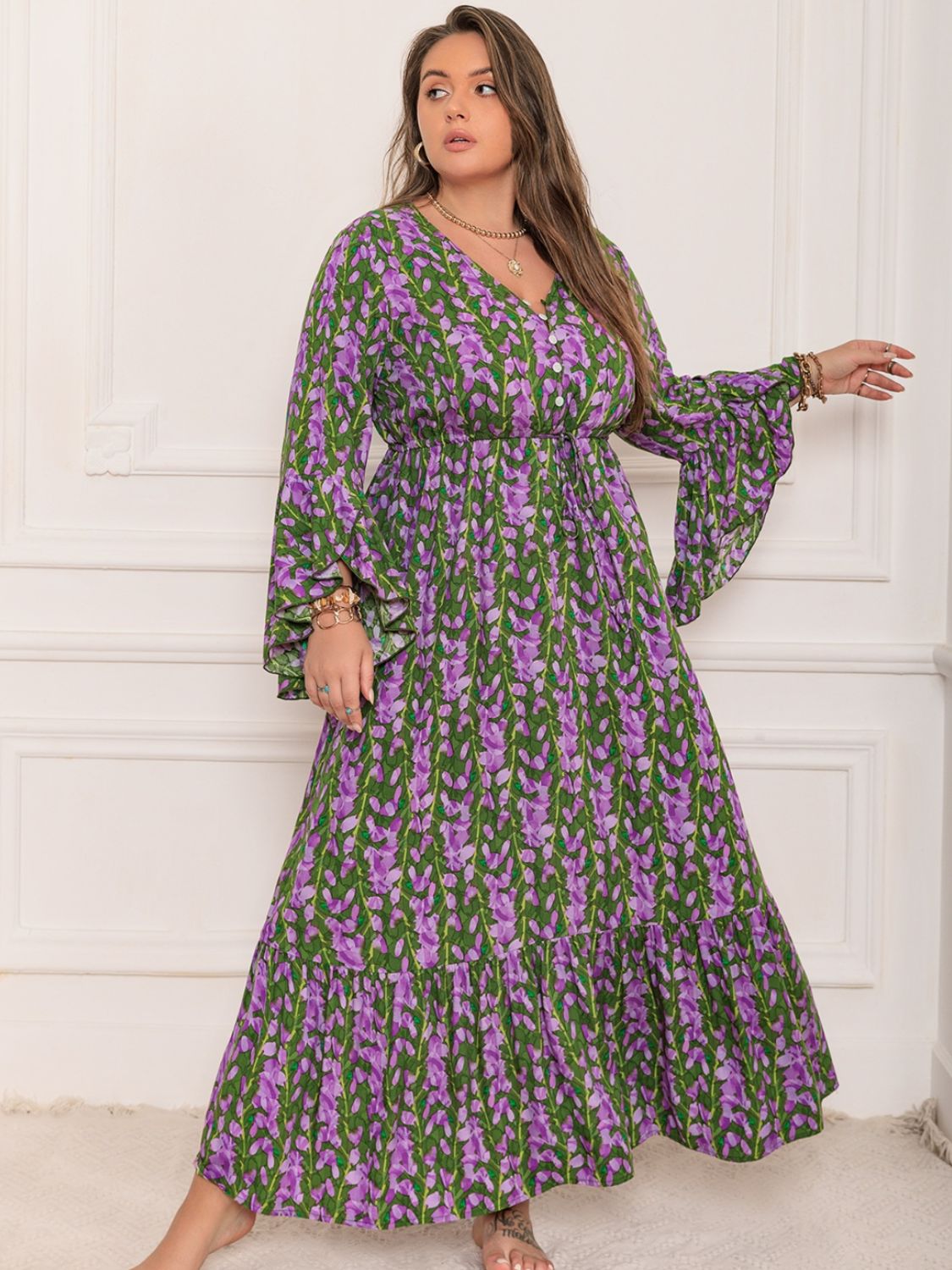 Plus Size Printed V-Neck Long Sleeve Maxi Dress - Classique Collection