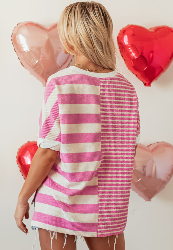 High-Low Striped Round Neck Short Sleeve T-Shirt - Classique Collection