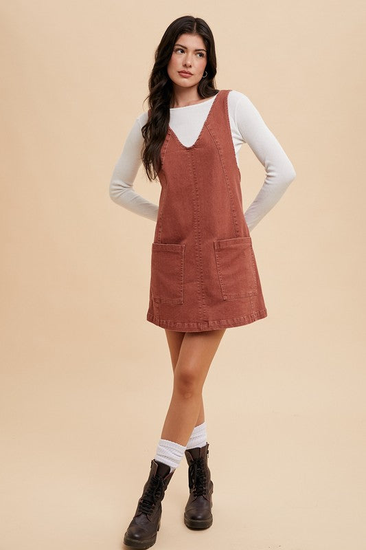 Annie Wear V-Neck Adjustable Strap Denim Overall Dress with Pockets - ClassiQ