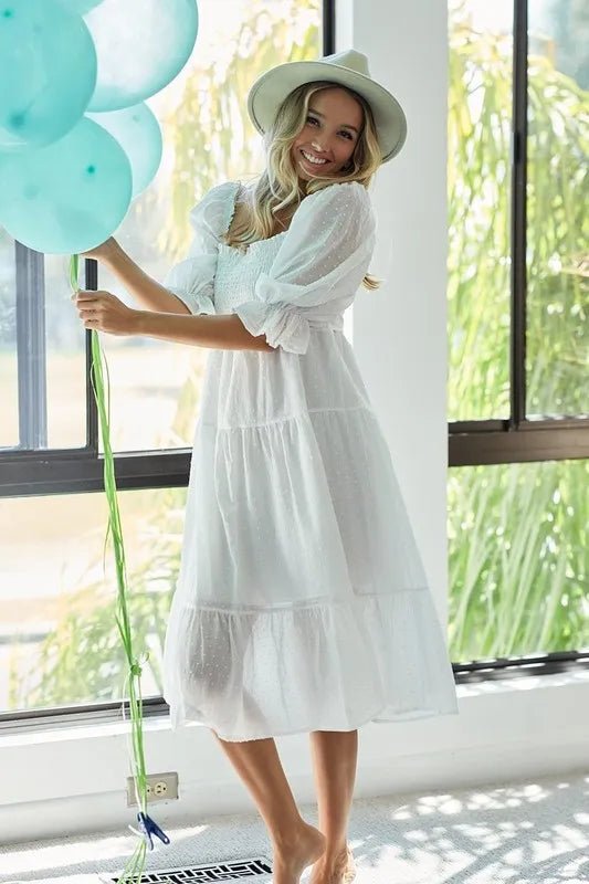 BiBi Swiss Dot Flounce Sleeve Smocked Tiered Midi Dress