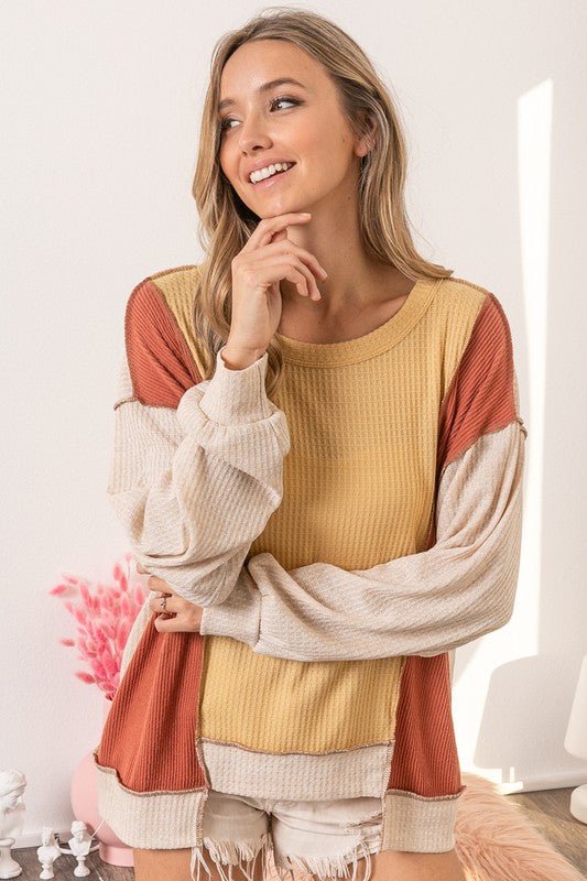 BiBi Waffle - Knit Exposed Seam Color Block Uneven Hem Top