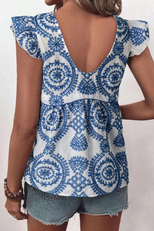 Boho Print Ruffled Cap Sleeve Crew Neck Blouse