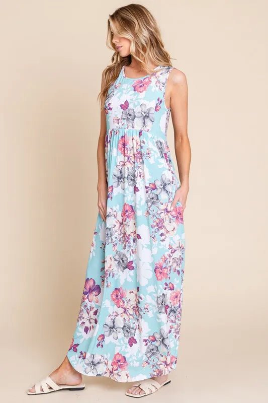 BOMBOM Floral Round Neck Sleeveless Maxi Dress with Pockets