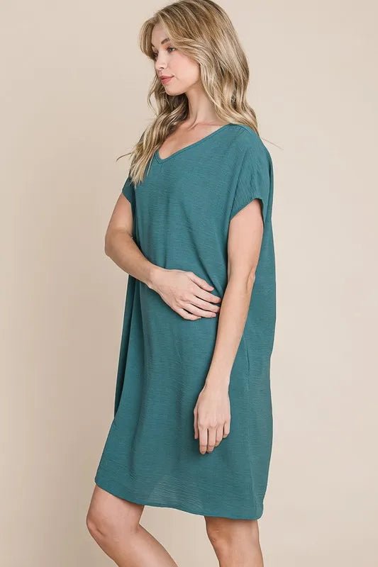 BOMBOM V - Neck Short Sleeve Dress with Pockets