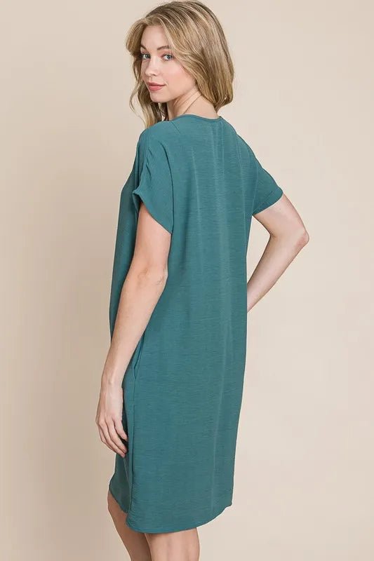 BOMBOM V - Neck Short Sleeve Dress with Pockets