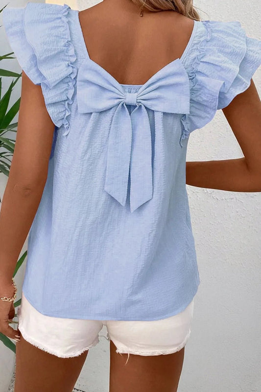 Bow Back Ruffled Cap Sleeve Blouse